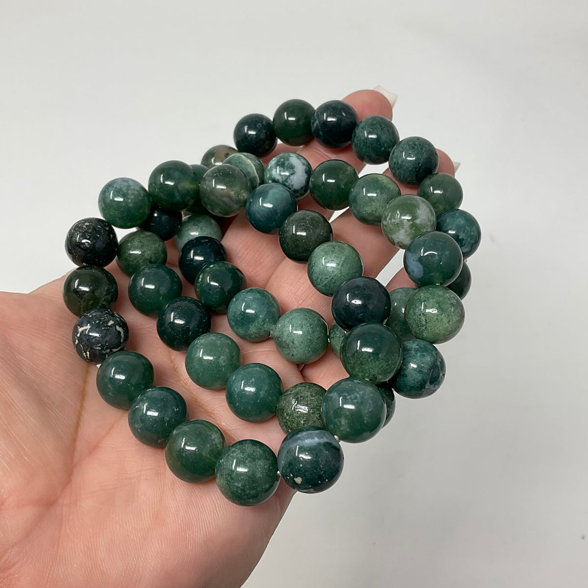 Moss Agate 12mm 3-Piece Round Bracelet Set