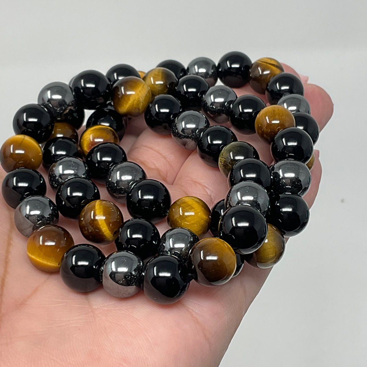 Yellow Tiger Eye Triple Protection 10mm 3-Piece Round Bracelet Set (3 Minerals on 1 Bracelet)