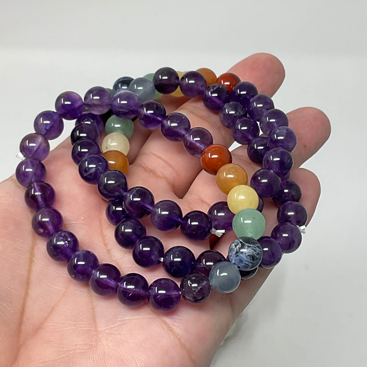 Amethyst With 7-Mineral Chakra 8MM 3-Piece Round Bracelet Set