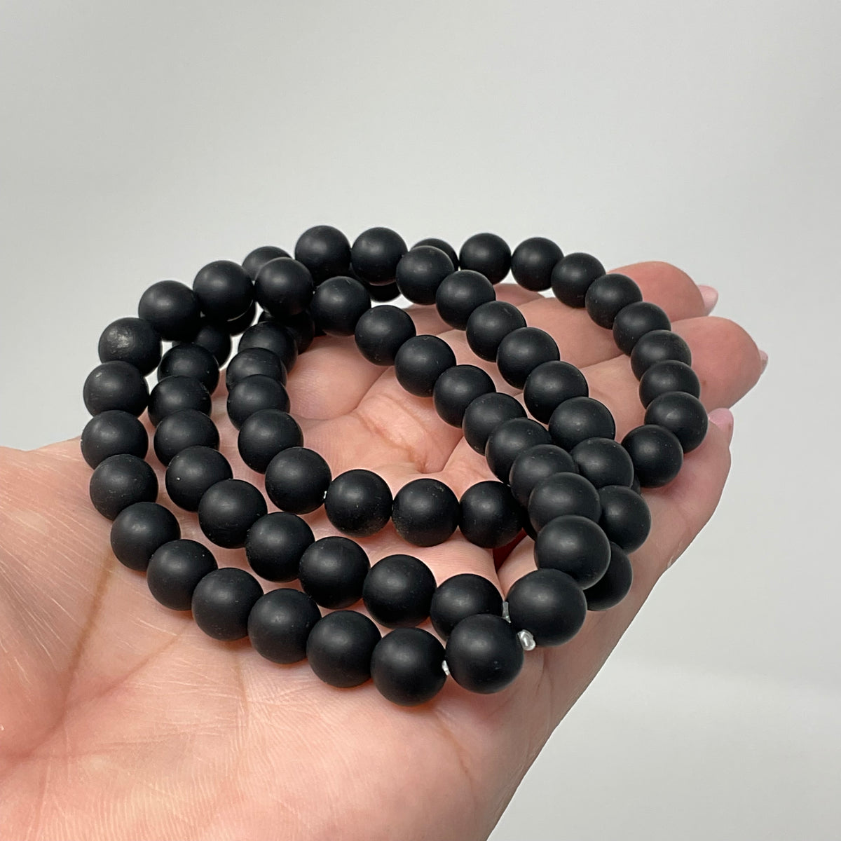 Black Tourmaline Matte Finish 8MM 3-Piece Round Bracelet Set