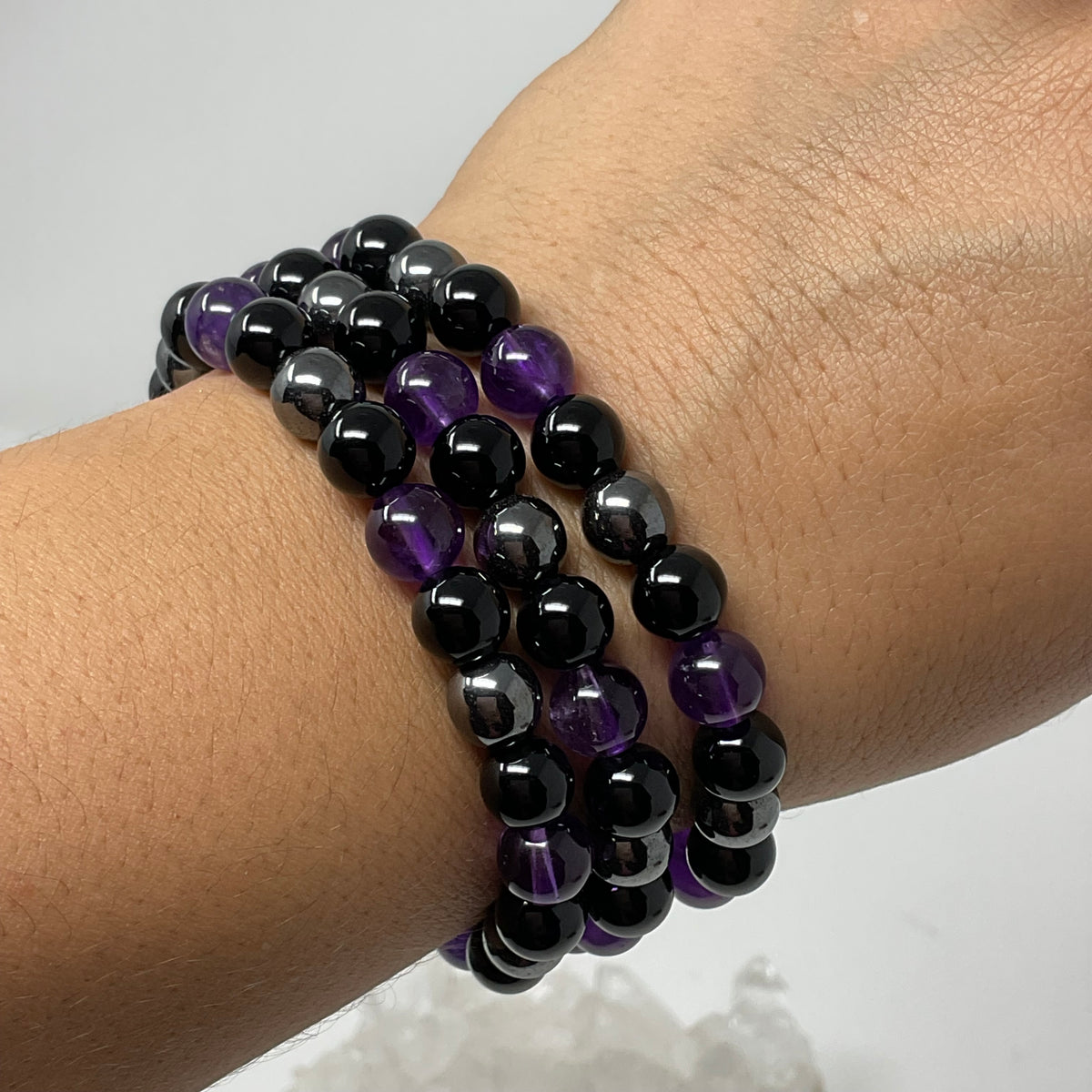 Amethyst Triple Protection 8mm 3-Piece Round Bracelet Set (3 Minerals on 1 Bracelet)