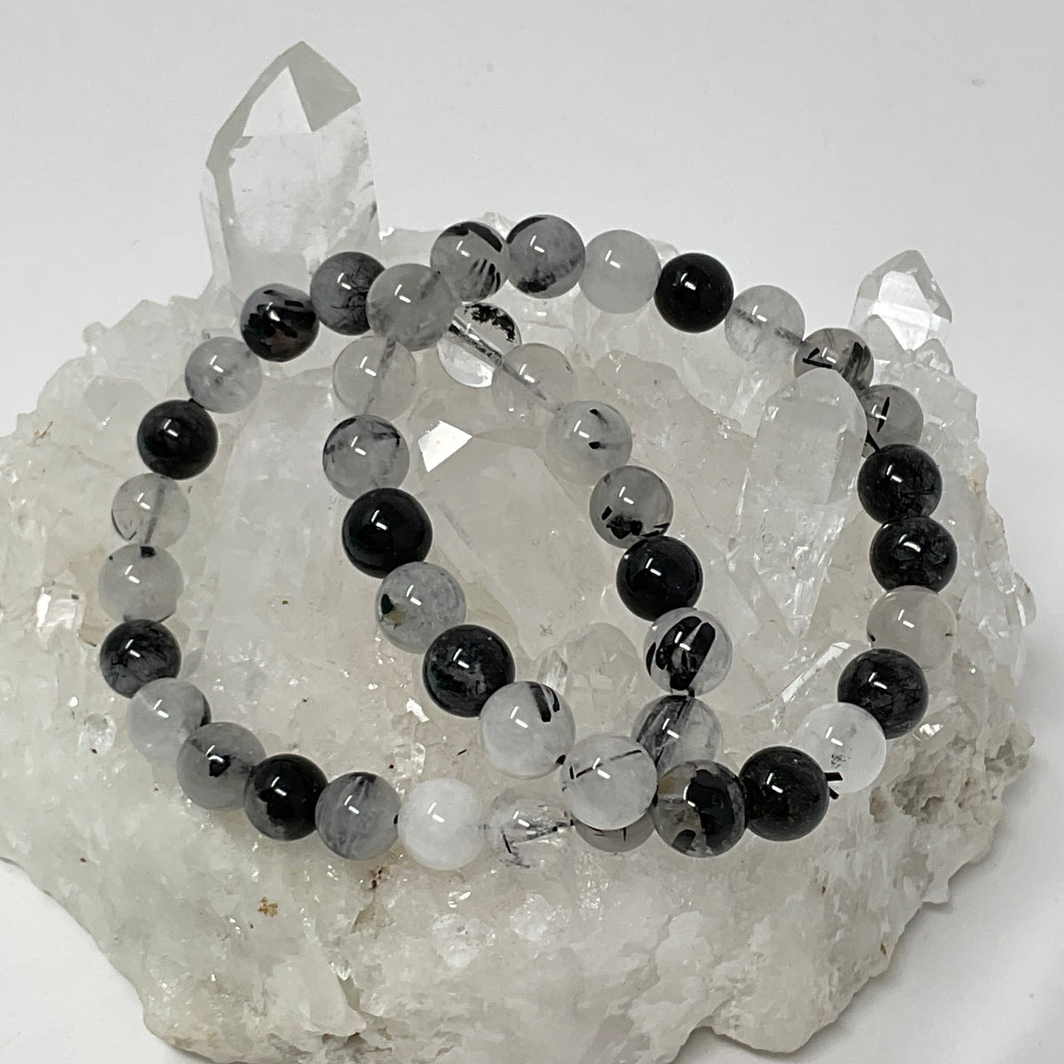 Black Rutilated & Tourmalinated Quartz  9MM-10MM  Round Bracelet