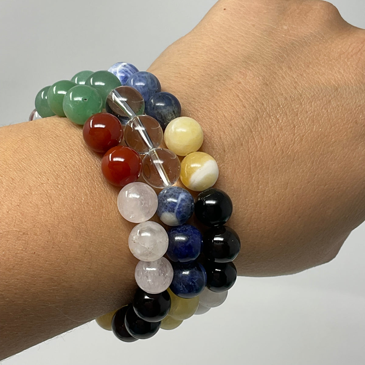 Chakra 10MM 3-Piece Round Bracelet Set (Green Aventurine-Carnelian-Rose Quartz-Sodalite-Crystal Quartz-Black Agate-Aragonite)