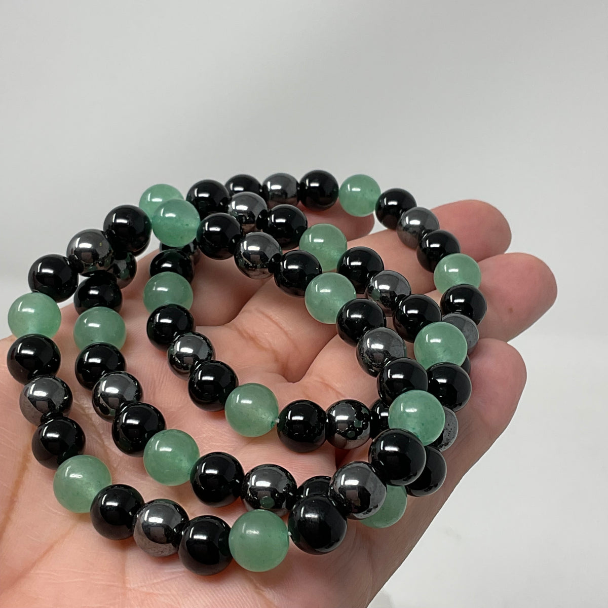 Green Aventurine Triple Protection 8mm 3-Piece Round Bracelet Set (3 Minerals on 1 Bracelet)