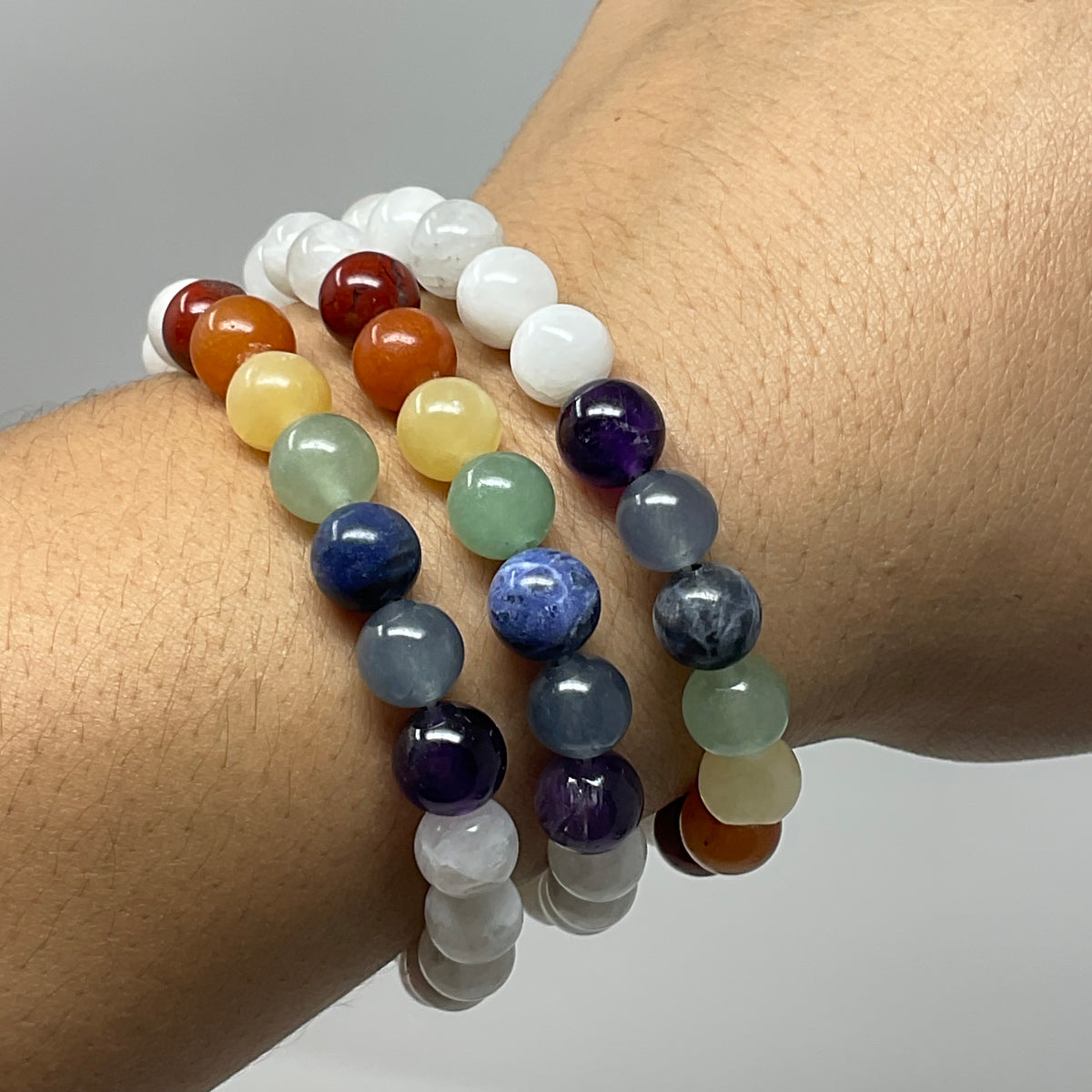 Rainbow Moonstone with 7-Mineral Chakra 8MM Round Bracelet