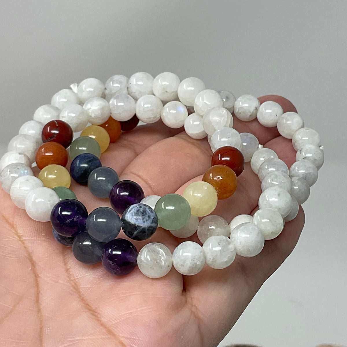 Rainbow Moonstone with 7-Mineral Chakra 8MM 3-Piece Round Bracelet Set