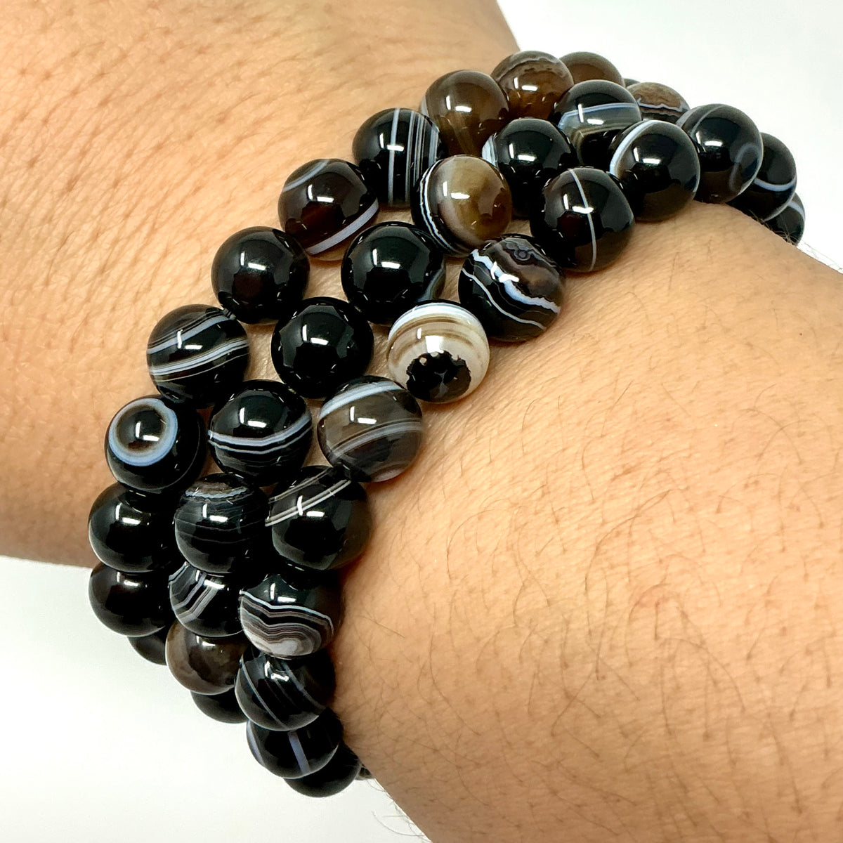 Black Eye Sardonyx Agate 8MM Round Bracelet 2-Piece Set - World Wide Gems Minerals Beads
