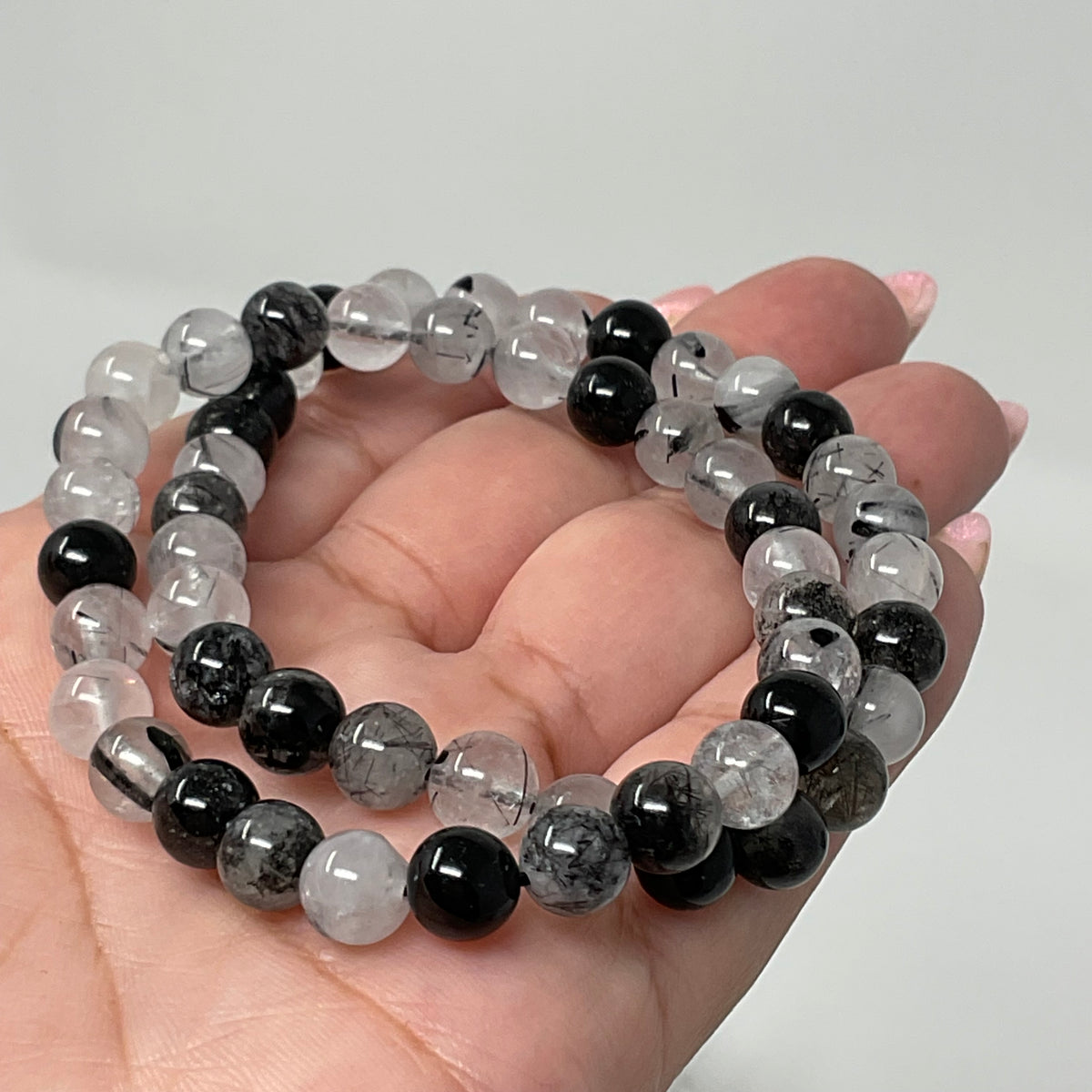 Black Rutilated & Tourmalinated Quartz 7MM-8MM Round Bracelet