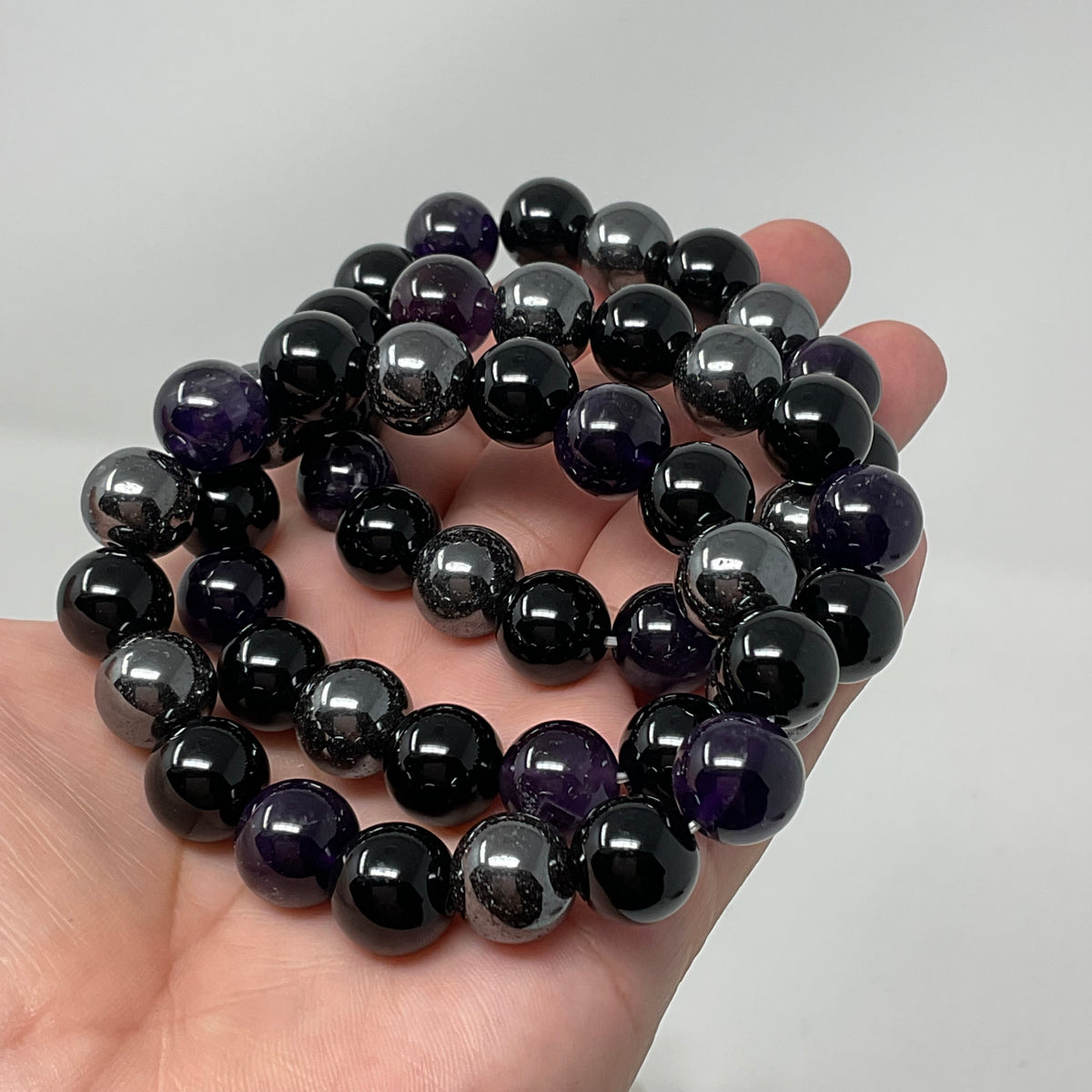 Amethyst Triple Protection 12mm 3-Piece Round Bracelet Set (3 Minerals on 1 Bracelet