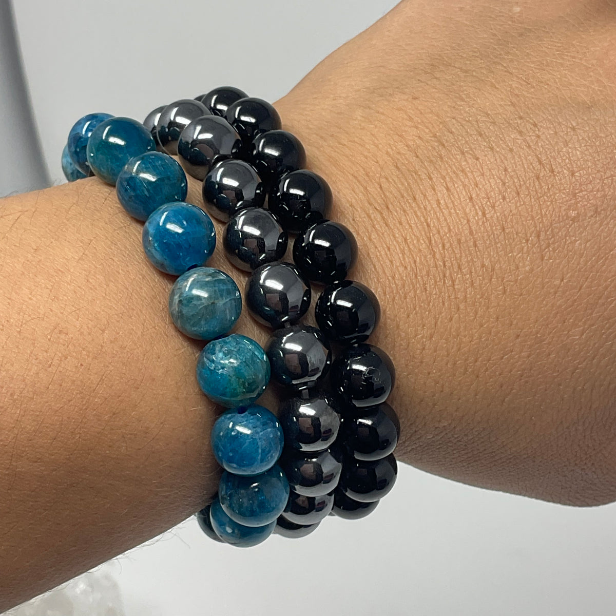 The Triple Protection Set: 10MM Blue Apatite, Hematite & Black Tourmaline 3-Piece Round Bracelet Set