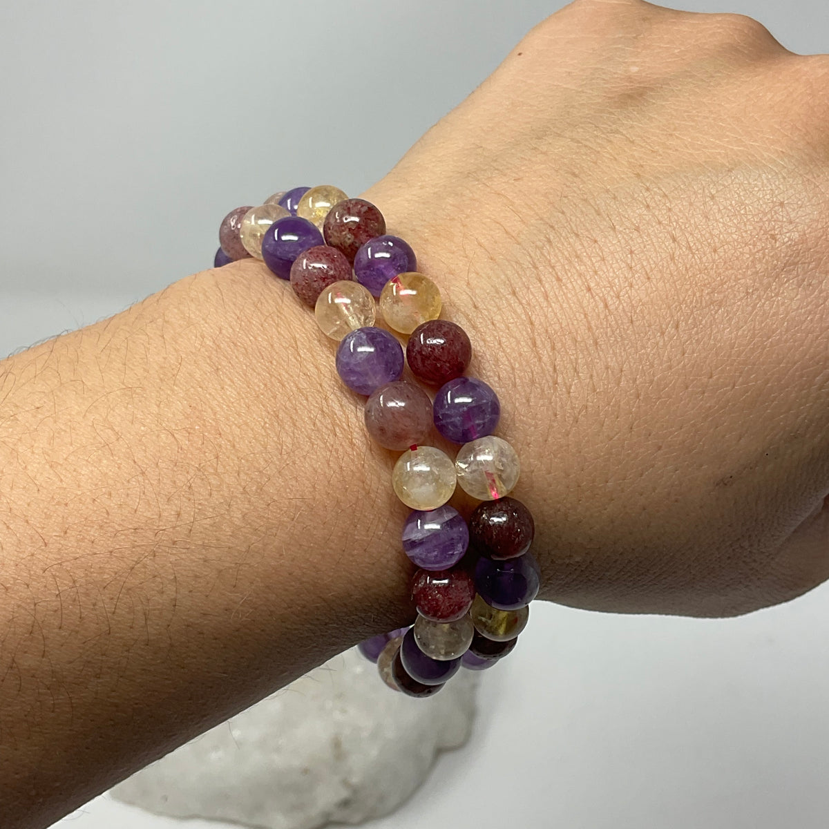 All-Star Quartz (Strawberry Quartz, Citrine & Amethyst) 8MM 2-Piece Round Bracelet Set