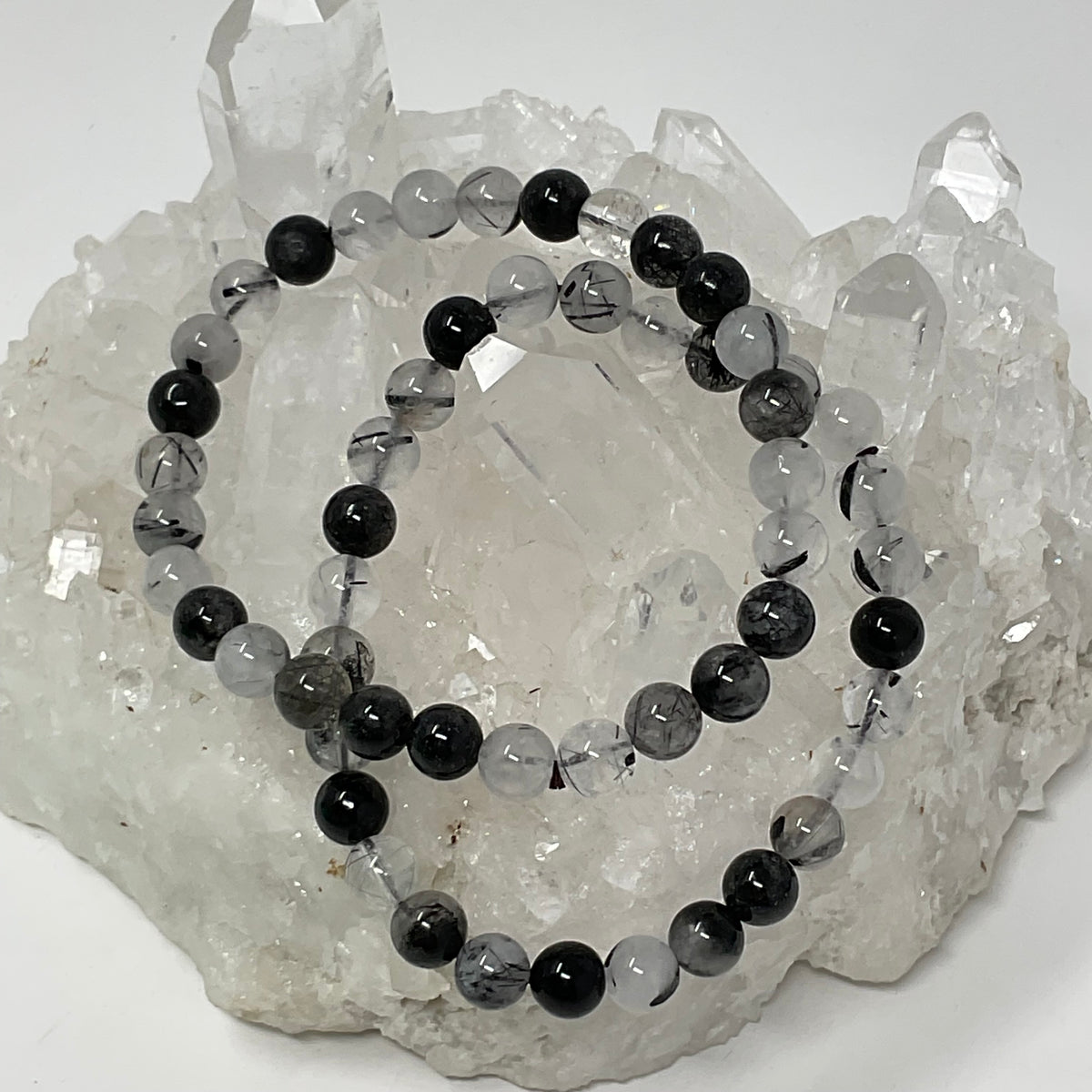 Black Rutilated & Tourmalinated Quartz  7MM-8MM 2-Piece Round Bracelet Set