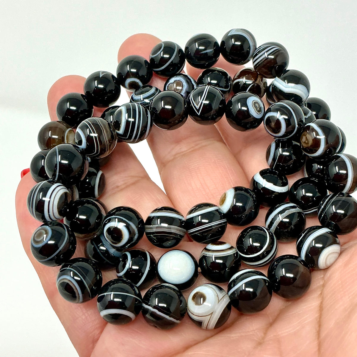 Black Eye Sardonyx Agate 10MM Round Bracelet 2-Piece Set - World Wide Gems Minerals Beads