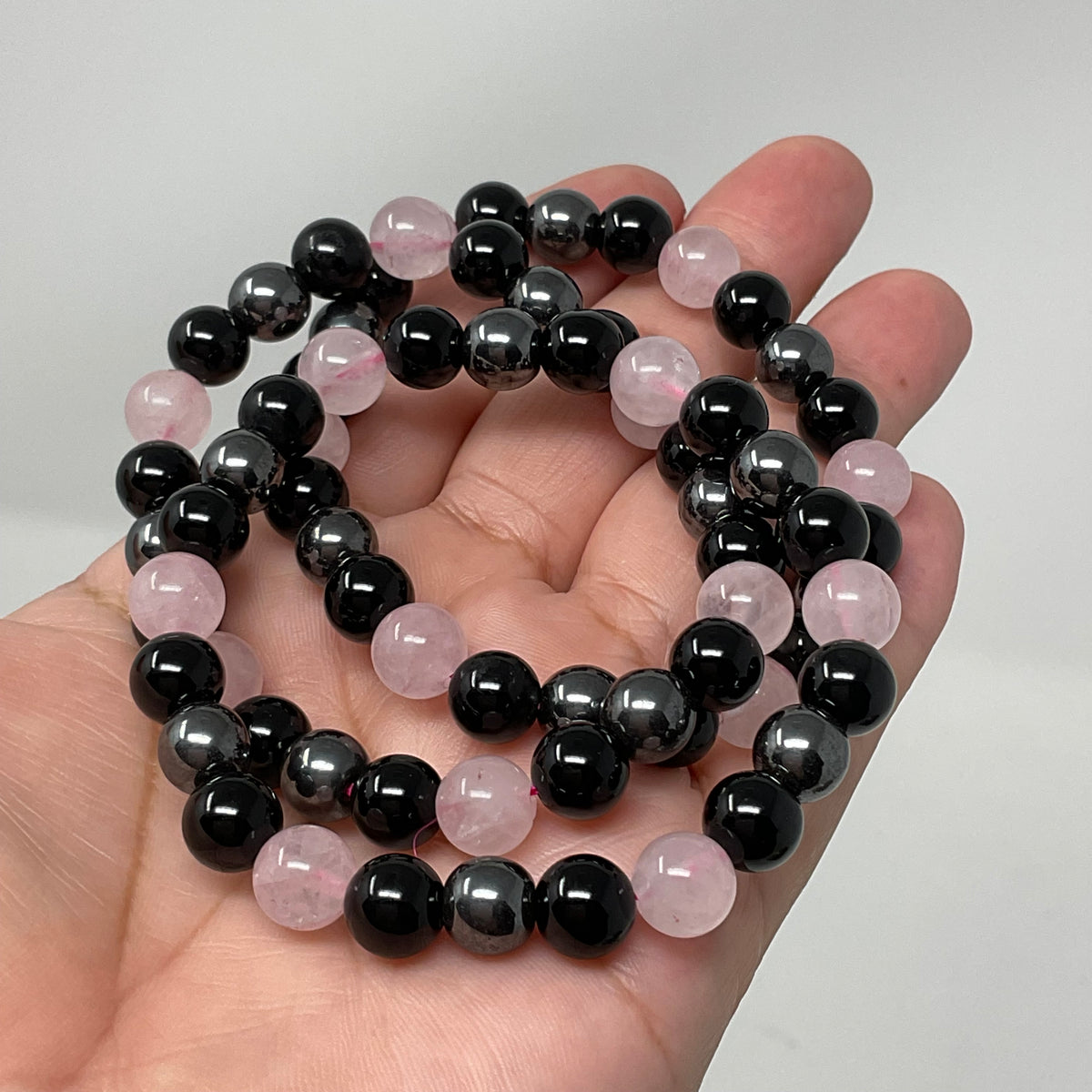 Rose Quartz Triple Protection 8mm 3-Piece Round Bracelet Set (3 Minerals on 1 Bracelet)