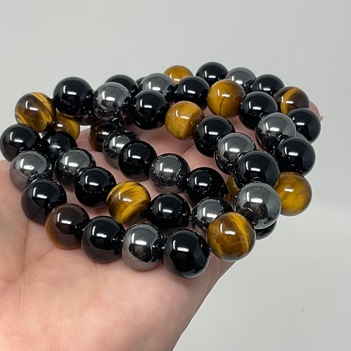 Yellow Tiger Eye Triple Protection 12mm Round Bracelet (3 Minerals on 1 Bracelet)