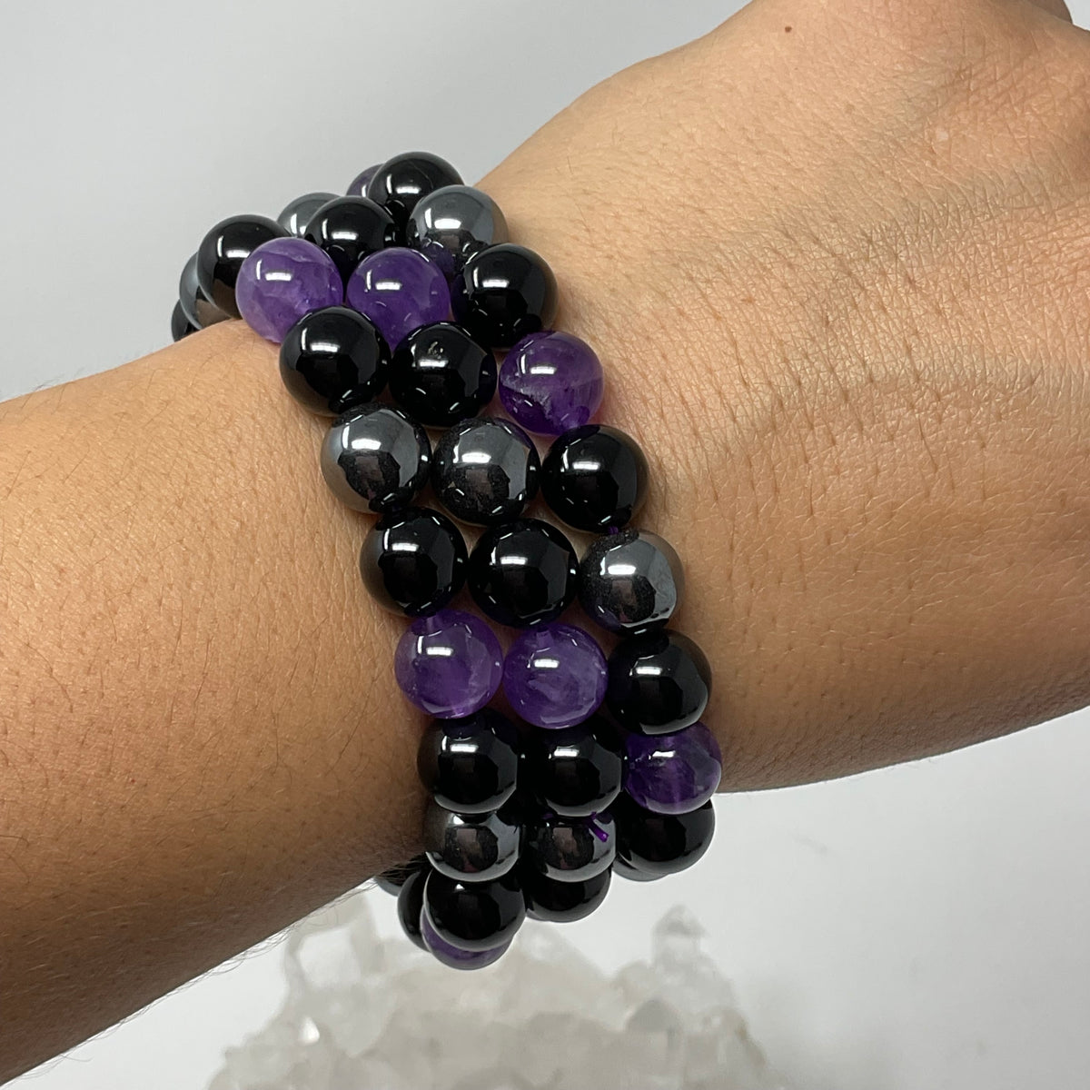 Amethyst Triple Protection 10mm 3-Piece Round Bracelet Set (3 Minerals on 1 Bracelet)