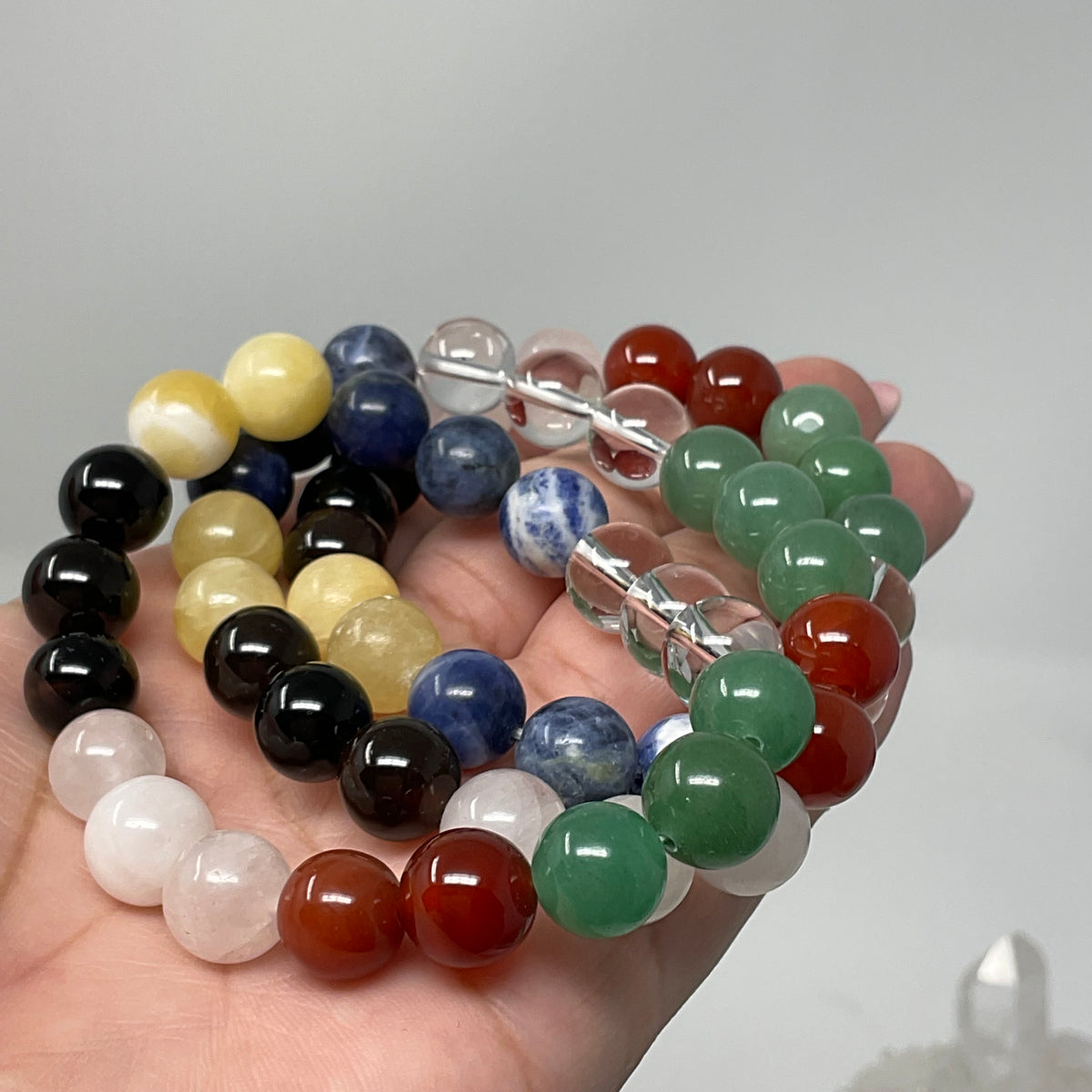 Chakra 10MM Round Bracelet (Green Aventurine-Carnelian-Rose Quartz-Sodalite-Crystal Quartz-Black Agate-Aragonite)