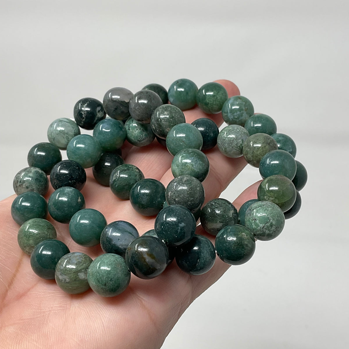 Moss Agate 12mm 3-Piece Round Bracelet Set - WorldWideMinerals-beads