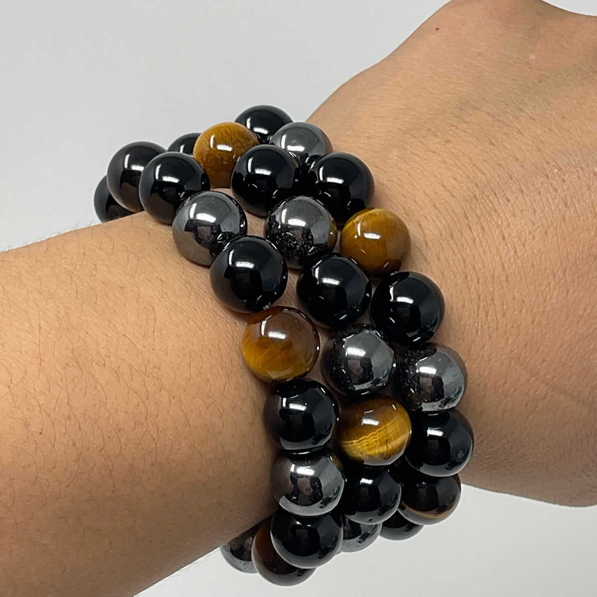 Yellow Tiger Eye Triple Protection 12mm 3-Piece Round Bracelet Set (3 Minerals on 1 Bracelet)