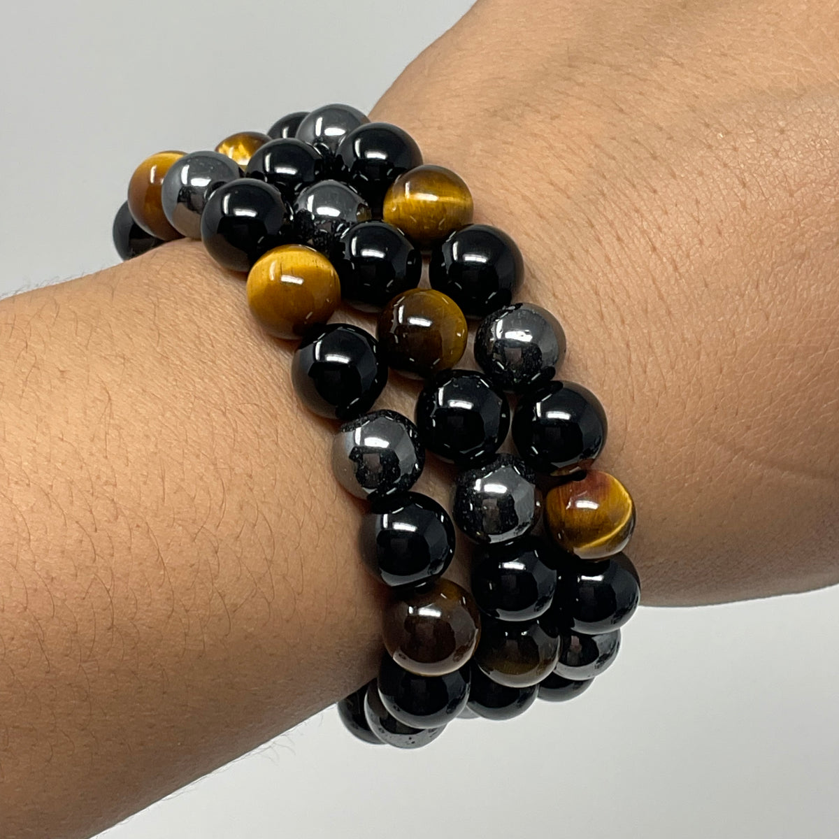 Yellow Tiger Eye Triple Protection 10mm 3-Piece Round Bracelet Set (3 Minerals on 1 Bracelet)