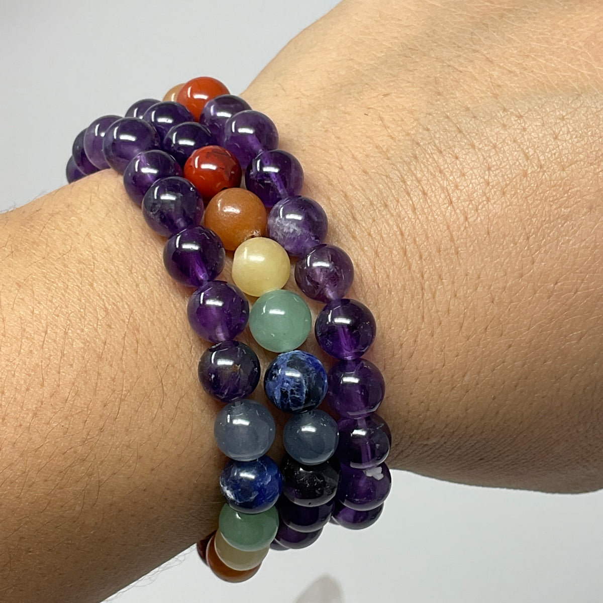 Amethyst With 7-Mineral Chakra 8MM Round Bracelet