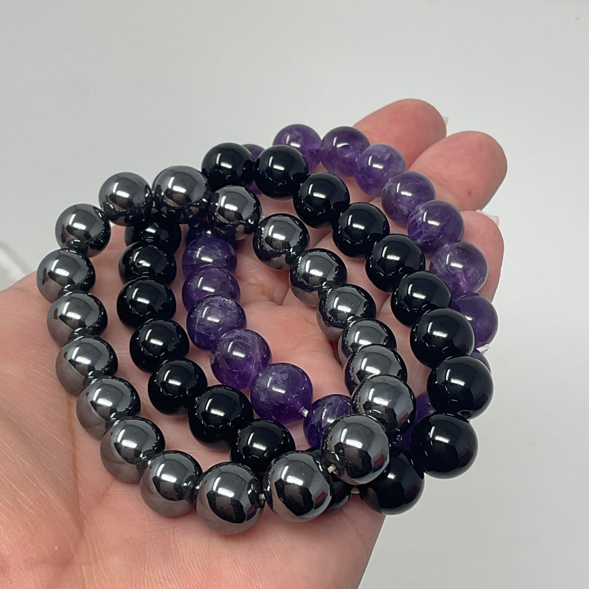 The Triple Protection Set: 10mm Amethyst, Hematite & Black Tourmaline 3-Piece Round Bracelet Set