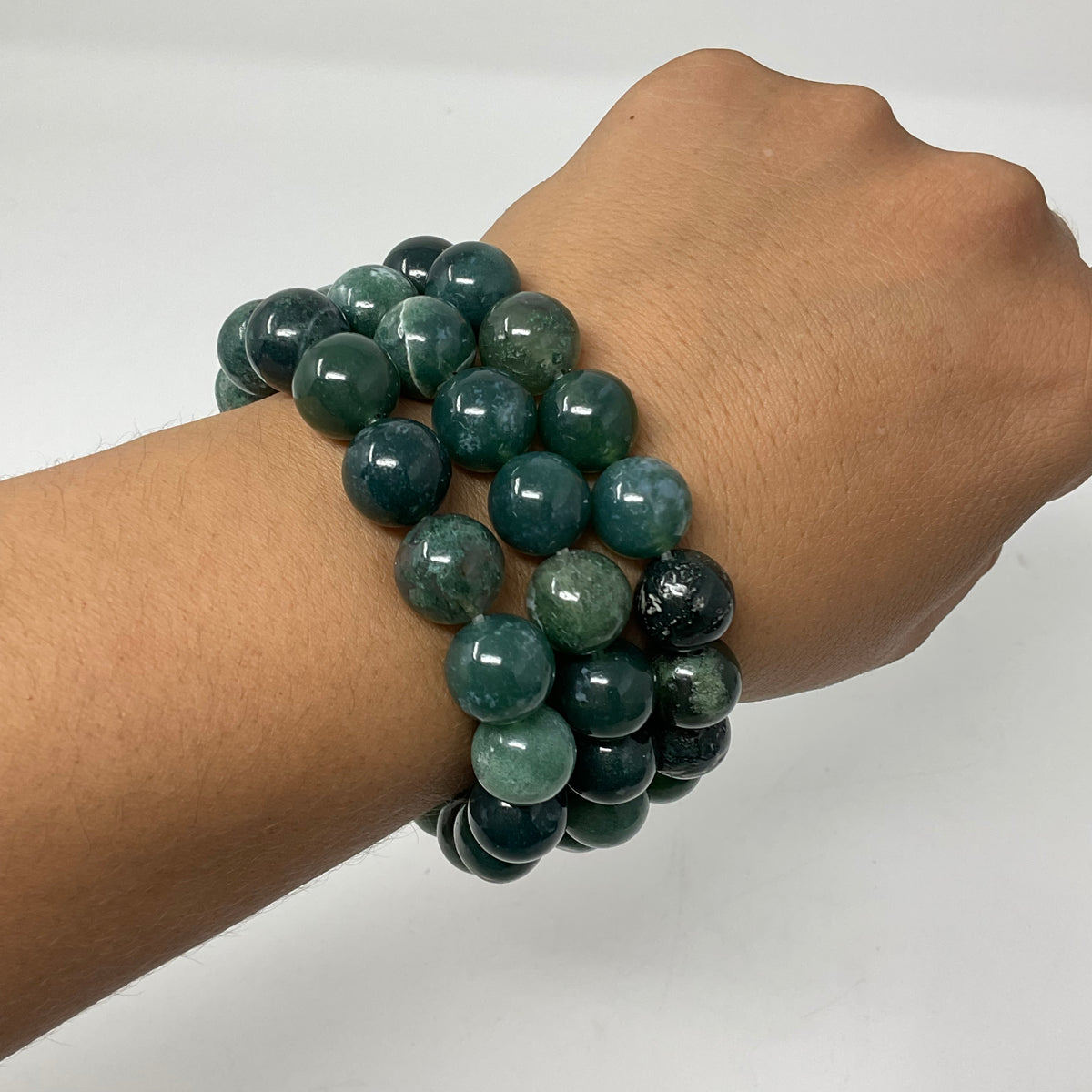 Moss Agate 12mm 3-Piece Round Bracelet Set