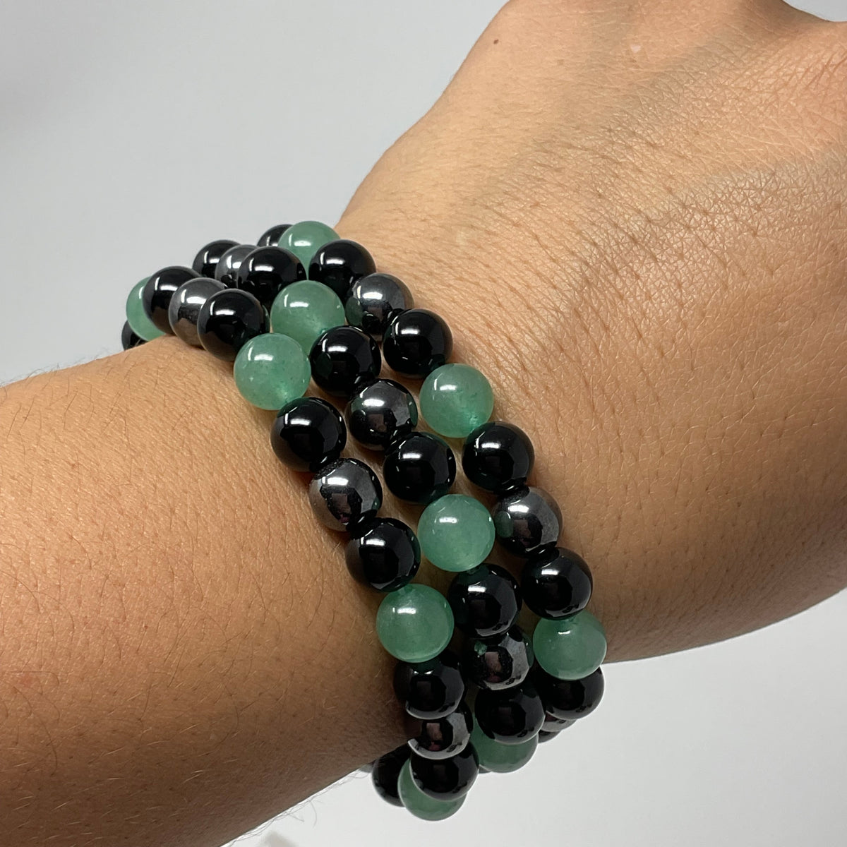 Green Aventurine Triple Protection 8mm 3-Piece Round Bracelet Set (3 Minerals on 1 Bracelet)