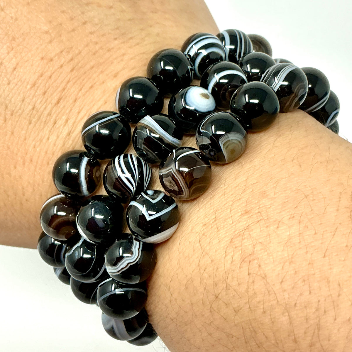 Black Eye Sardonyx Agate 10MM Round Bracelet 2-Piece Set - World Wide Gems Minerals Beads