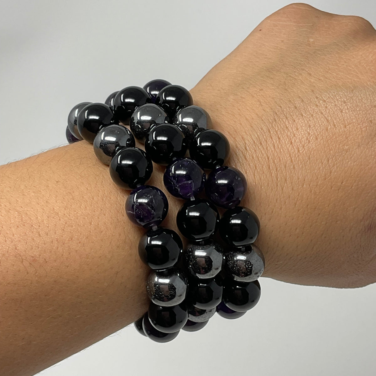 Amethyst Triple Protection 12mm Round Bracelet  (3 Minerals on 1 Bracelet