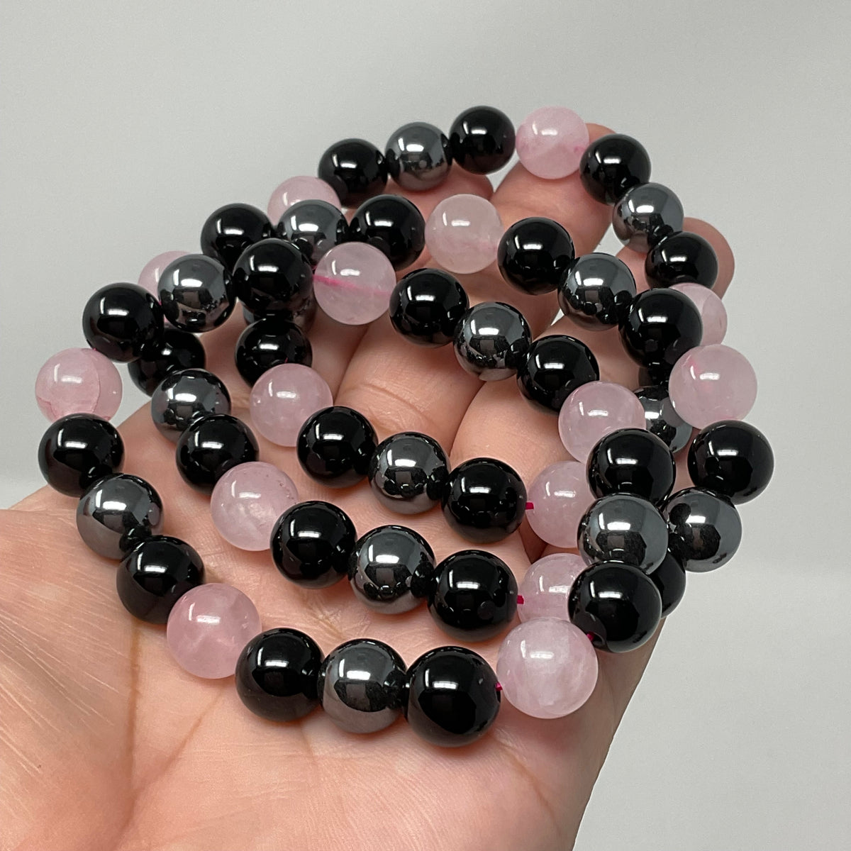 Rose Quartz Triple Protection 10mm 3-Piece Round Bracelet Set (3 Minerals on 1 Bracelet)