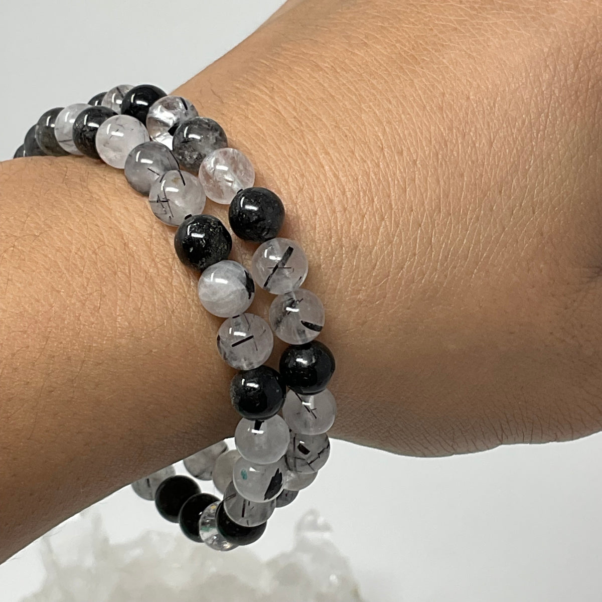 Black Rutilated & Tourmalinated Quartz  7MM-8MM 2-Piece Round Bracelet Set