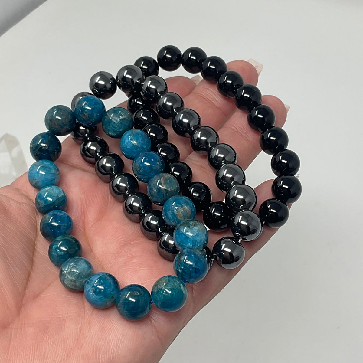 The Triple Protection Set: 10MM Blue Apatite, Hematite & Black Tourmaline 3-Piece Round Bracelet Set