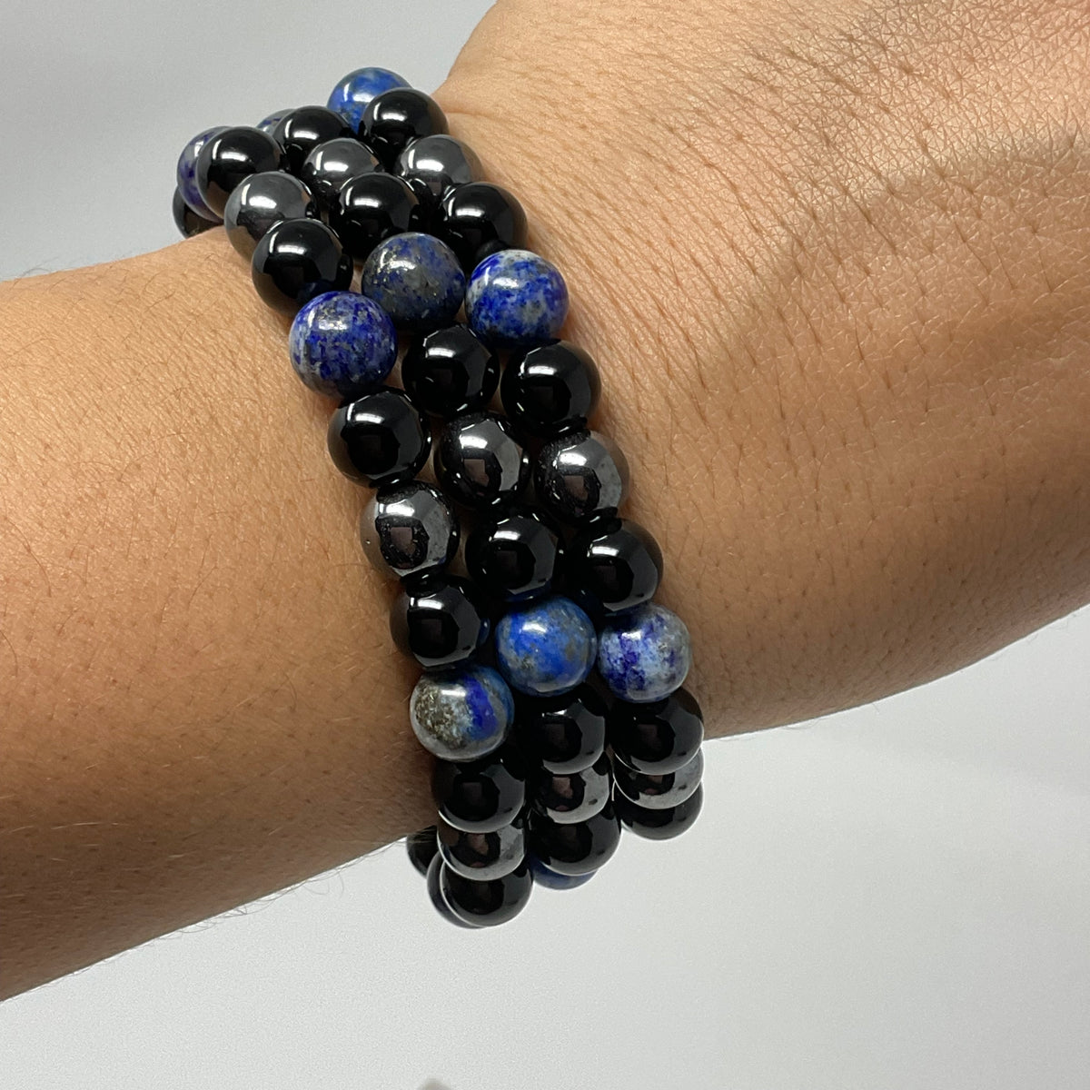 Lapis Triple Protection 8mm 3-Piece Round Bracelet Set (3 Minerals on 1 Bracelet)