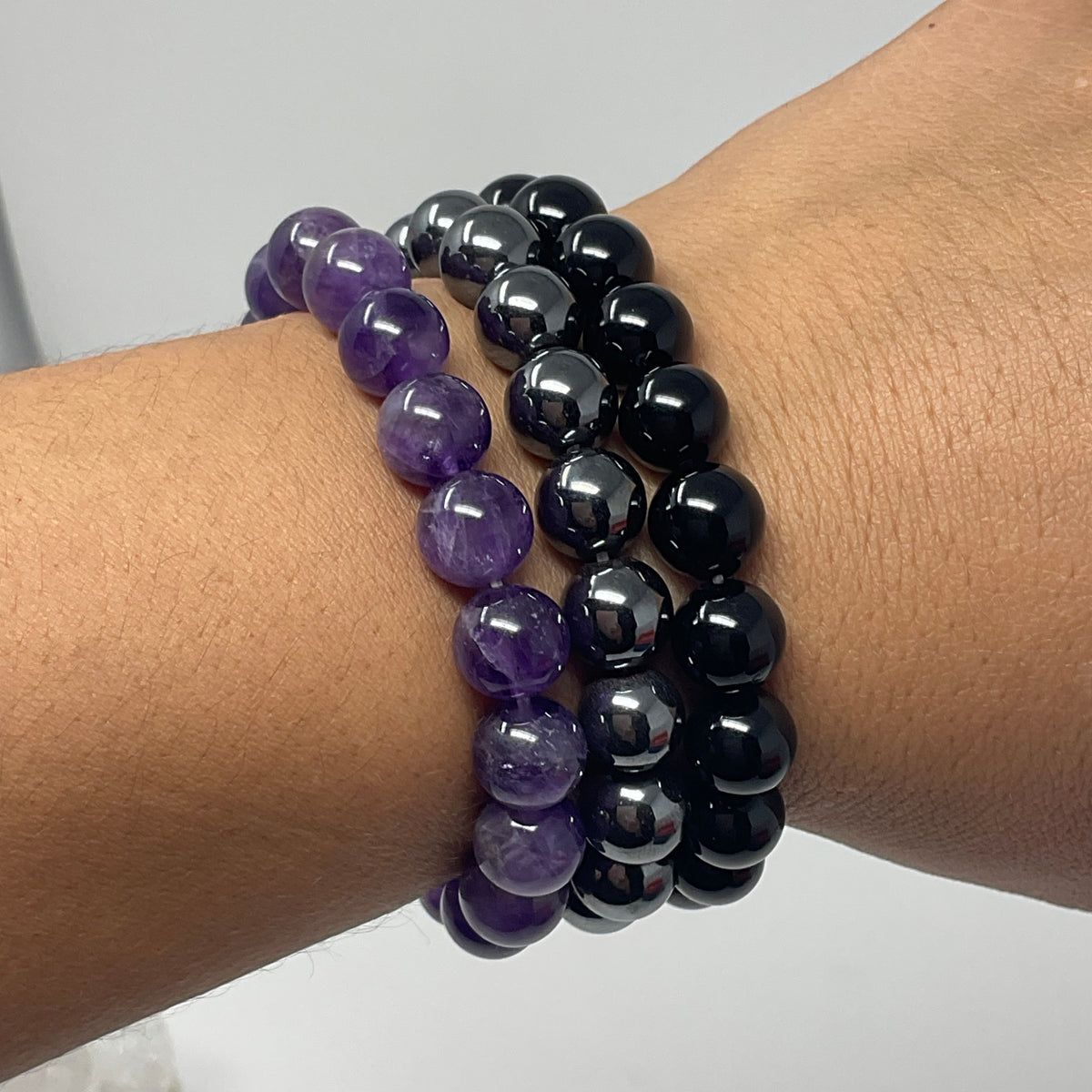 The Triple Protection Set: 10mm Amethyst, Hematite & Black Tourmaline 3-Piece Round Bracelet Set