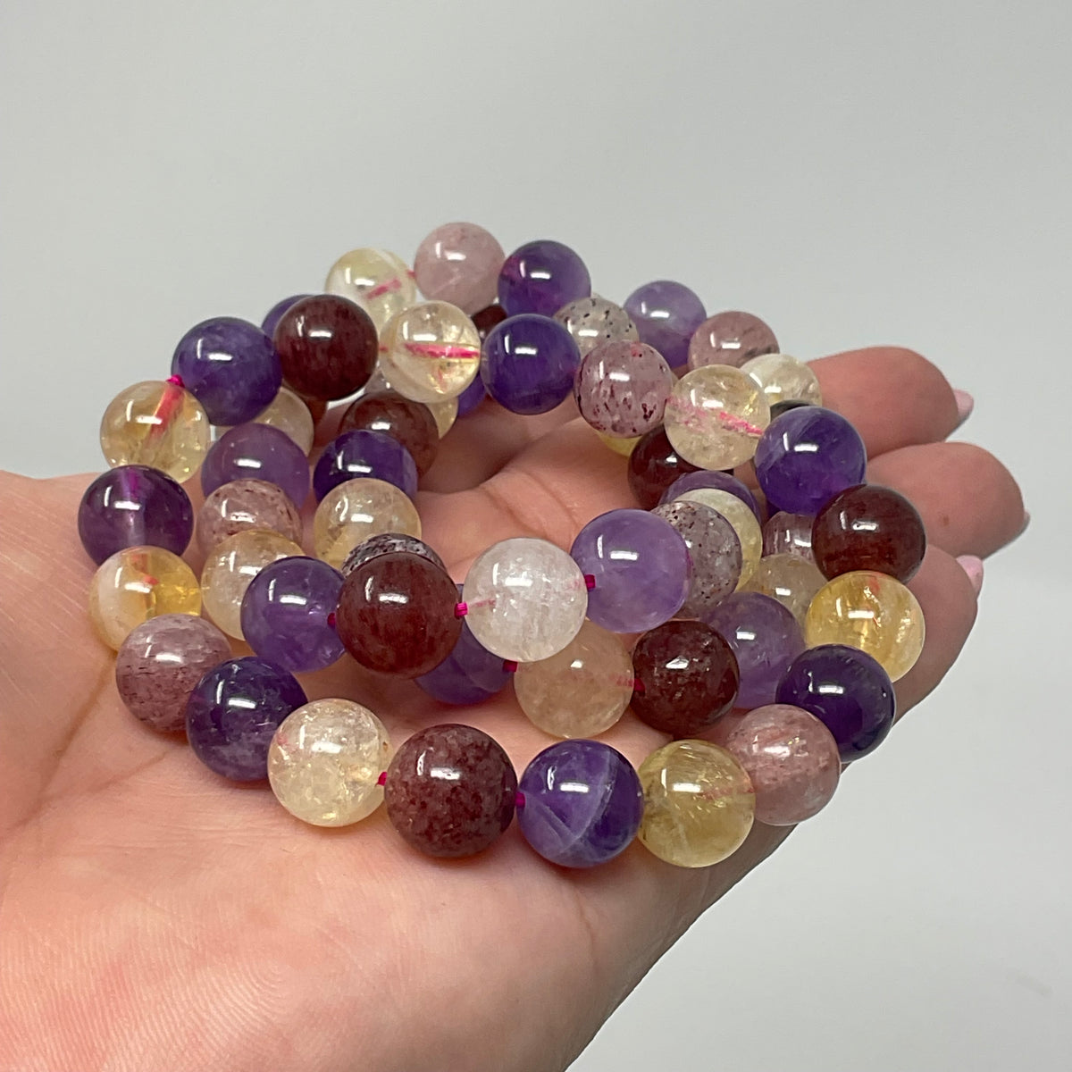 All-Star Quartz  (Strawberry Quartz, Citrine & Amethyst)   10MM Round Bracelet