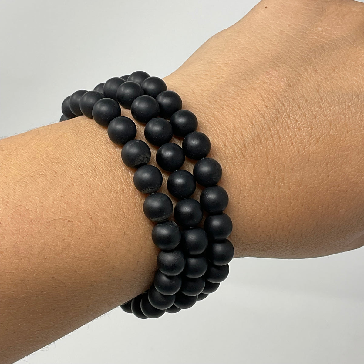 Black Tourmaline Matte Finish 8MM 3-Piece Round Bracelet Set