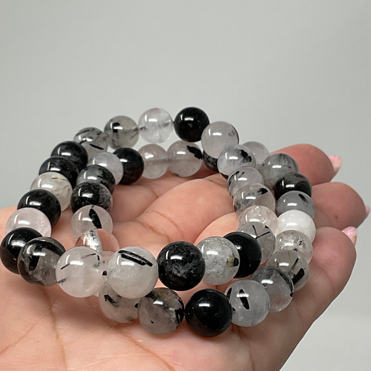 Black Rutilated & Tourmalinated Quartz  9MM-10MM  Round Bracelet