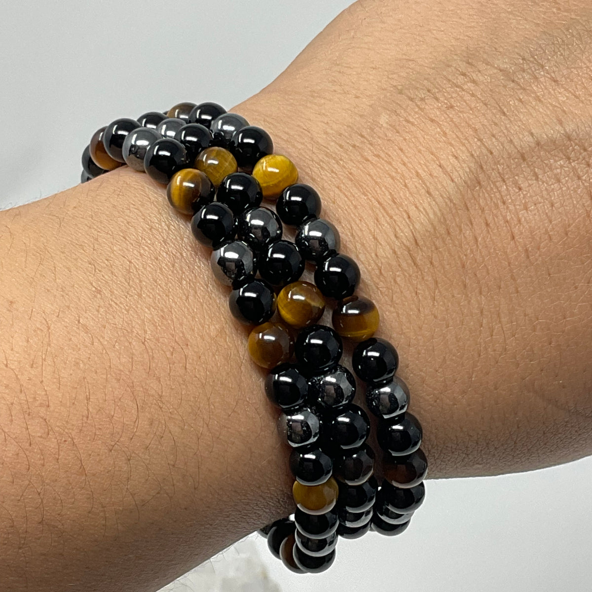 Yellow Tiger Eye Triple Protection 6MM 3-Piece Round Bracelet Set (3 Minerals on 1 Bracelet)