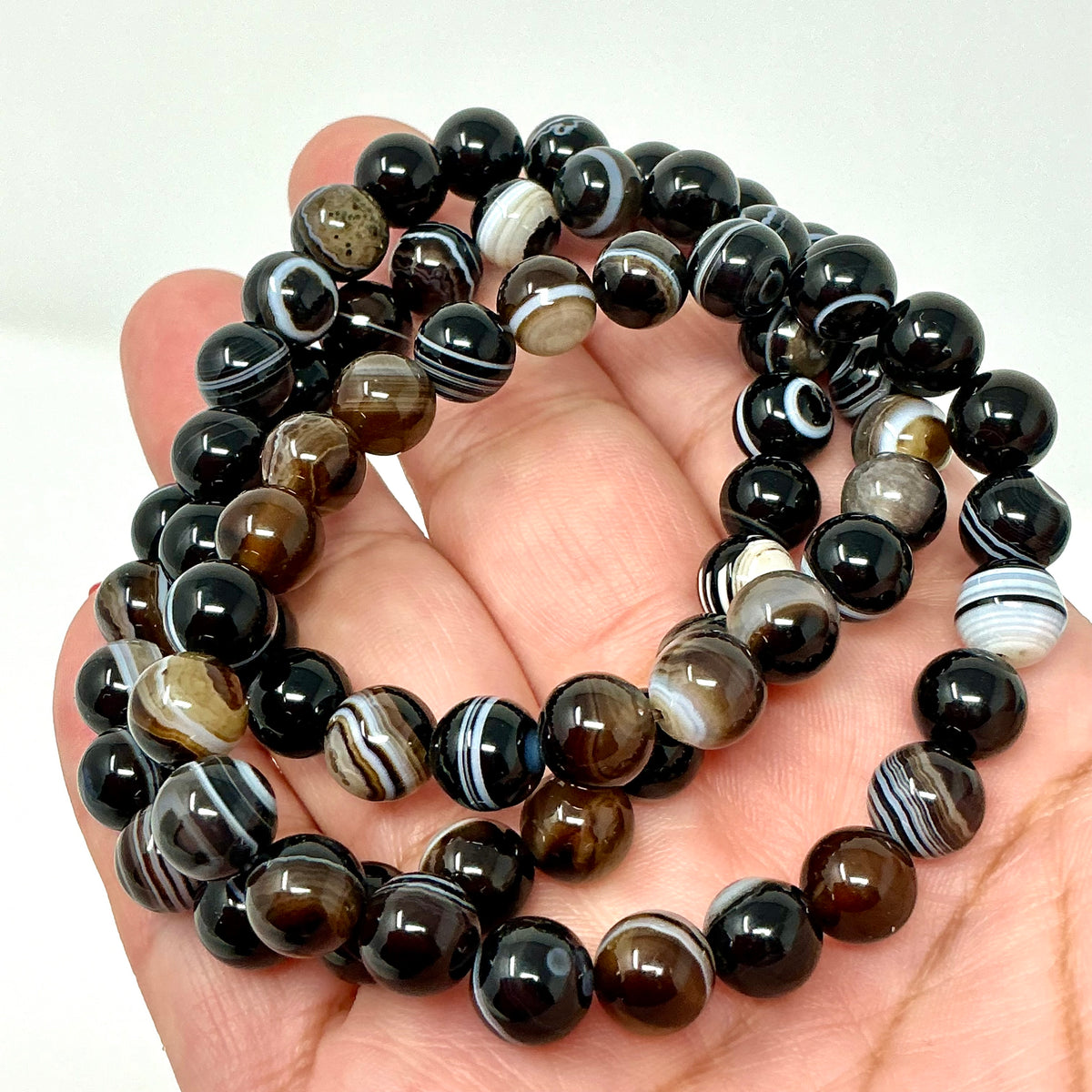 Black Eye Sardonyx Agate 8MM Round Bracelet 2-Piece Set - World Wide Gems Minerals Beads