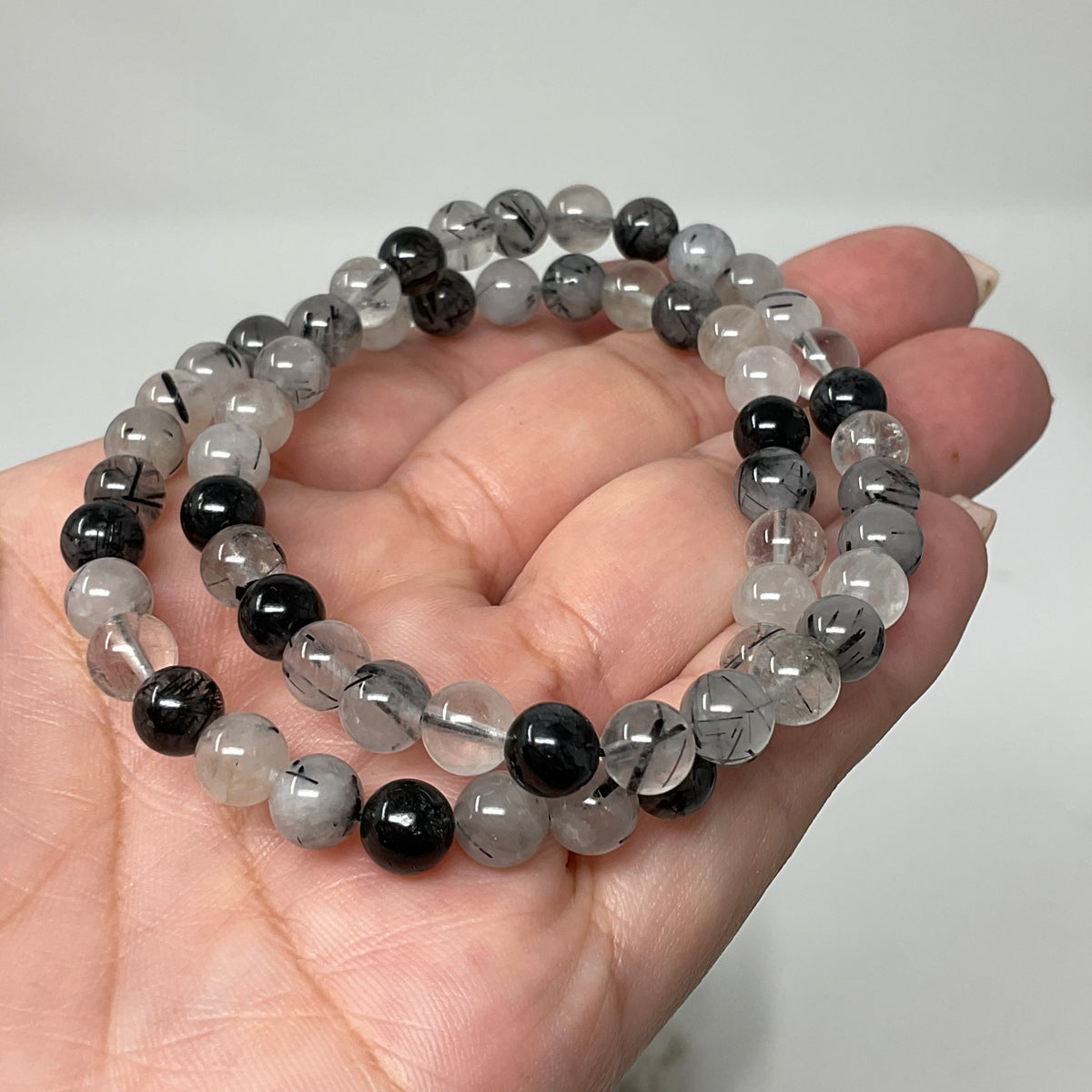 Black Rutilated & Tourmalinated Quartz  6MM-7mm Round Bracelet