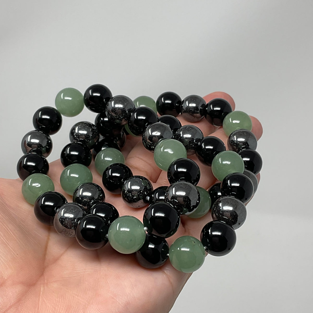 Green Aventurine Triple Protection 12mm 3-Piece Round Bracelet Set (3 Minerals on 1 Bracelet)