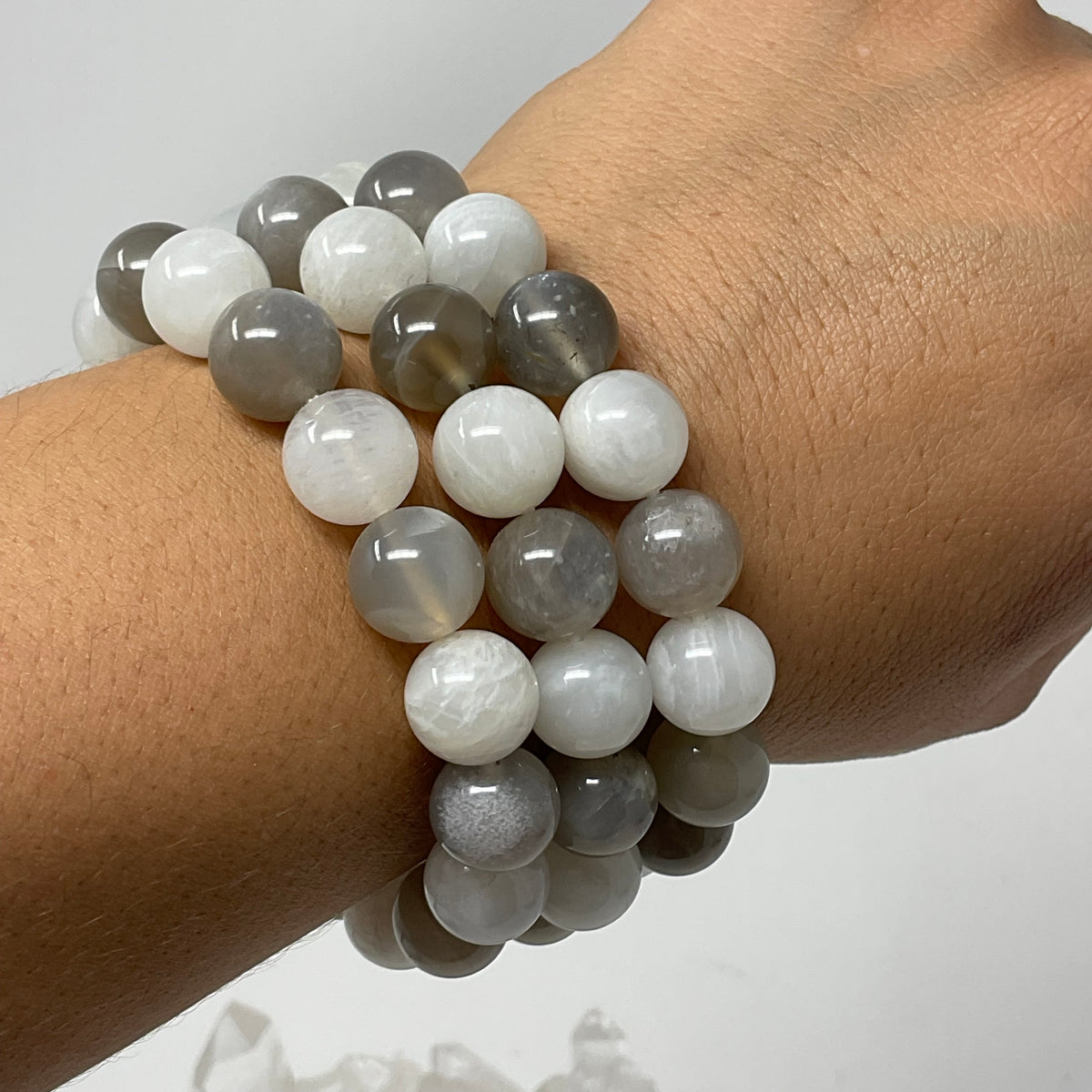 White & Grey Moonstone 12MM 2-Piece Round Bracelet Set