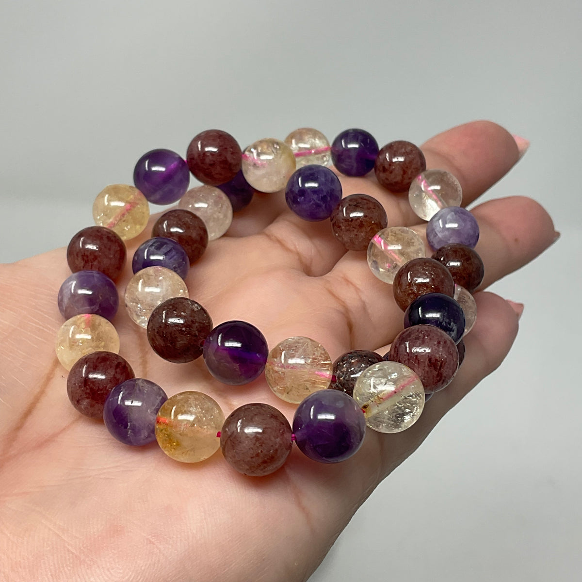 All-Star Quartz (Strawberry Quartz, Citrine & Amethyst) 10MM 2-Piece Round Bracelet Set