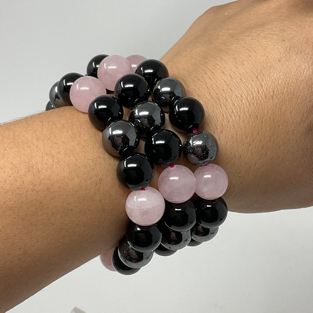 Rose Quartz Triple Protection 12mm Round Bracelet  (3 Minerals on 1 Bracelet)