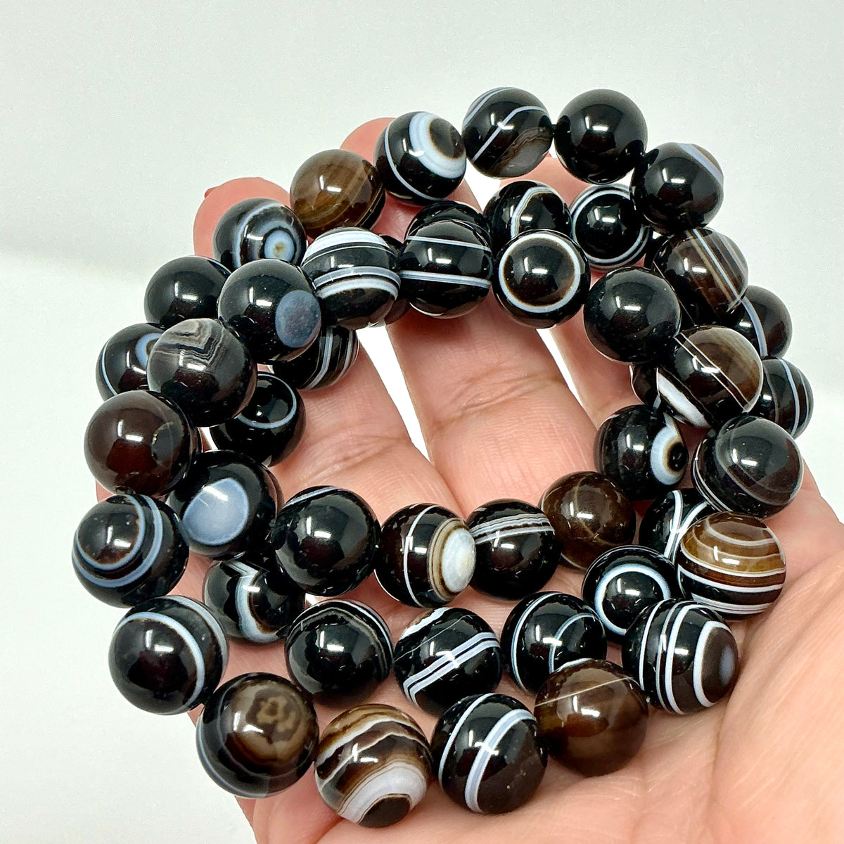 Black Eye Sardonyx Agate 12MM Round Bracelet - World Wide Gems Minerals Beads