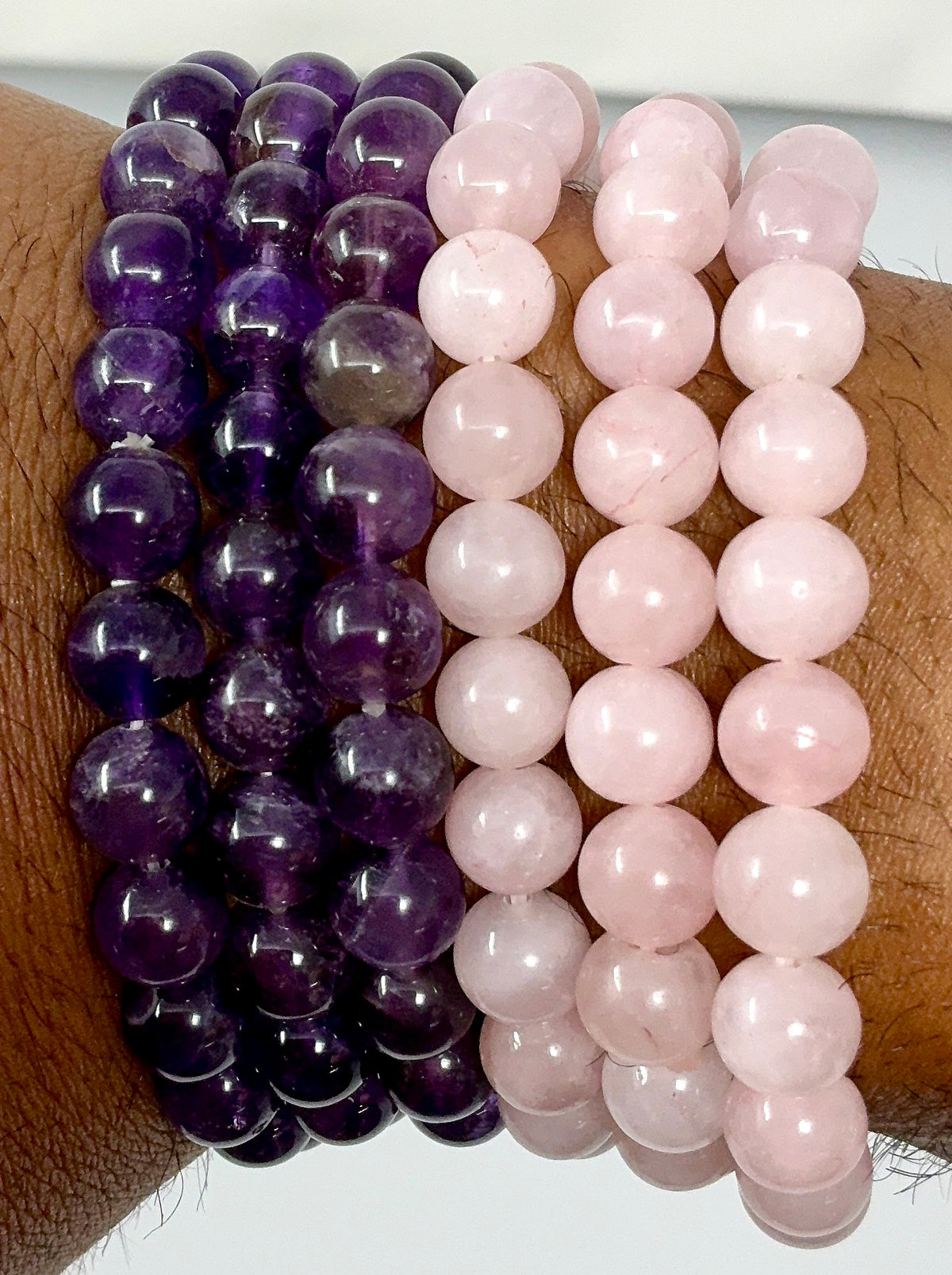 Rose Quartz Meet Amethyst 8mm Special Deal 6-Piece Round Bracelet Set - World Wide Gems Minerals Beads
