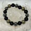 Pyrite 12MM Triple Protection (2-Piece) Round Bracelet Collection Set (3 Minerals on 1 Bracelet)