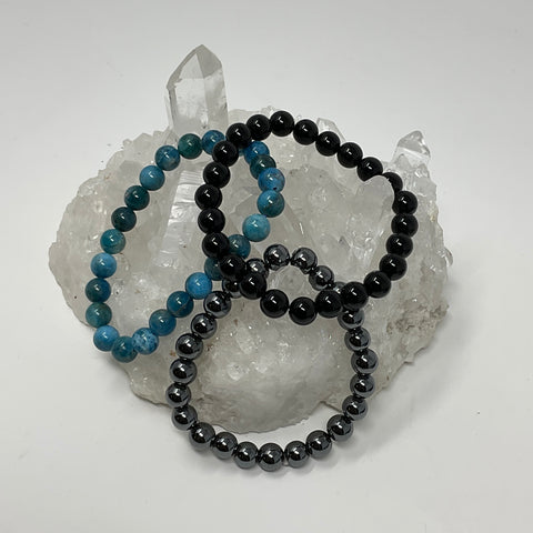 The Triple Protection Set: 8MM Blue Apatite, Hematite & Black Tourmaline 3-Piece Round Bracelet Set