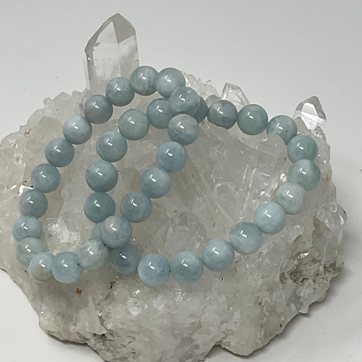 Blue Aquamarine 9MM-10MM Round Bracelet 2-Piece Set